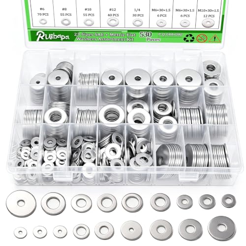 530Pcs Fender Washers for Screws and Bolts, 23 Sizes SAE & Metric Flat Assorted washers Kit,304 Stainless Steel Washers Set for Bolts (M3 M4 M5 M6 M8 M10 M12 6# 8# 10# 1/4 5/16 3/8 1/2) - size: Metric &SAE-530PCS, style: Flat Washers