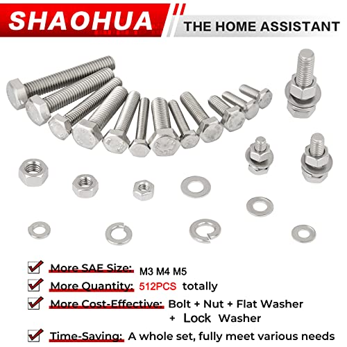 M3 M4 M5 Metric Bolt Assortment, 512PCS 8mm to 30mm Screw Assortment, 304 Stainless Steel Nuts and Bolts, A2-70 Flat Hex Screws Bolts and Nuts Kit, Lock and Flat Gasket Washers Assortment Kit - size: D. M3 M4 M5