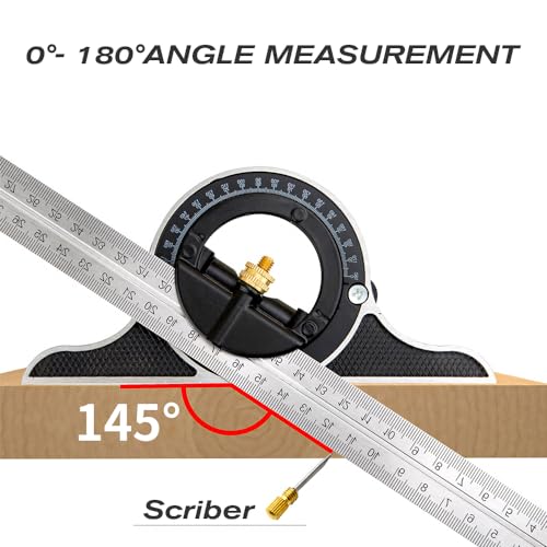 BAUSATZ 12 inch Stainless Steel Combo Square - Universal Bevel 180 Degree Angle Combination Square Set Protractor Ruler