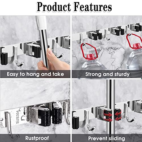 2 Pack Broom Holder Wall Mount, 5 Racks 4 Hooks Mop and Broom Organizer - color: 5 Racks & 4 Hooks (Silver) - 2 Pack