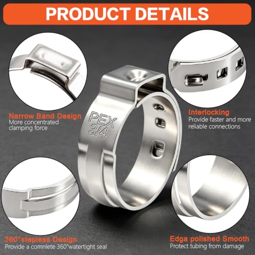 130Pcs 304 Stainless Steel PEX Pinch Clamp Kit with Crimper Tool