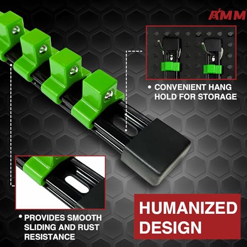 AMM 9-Piece Socket Organizer, 1/2 inch, 3/8 inch and 1/4 inch Drive ABS Tools-Green Socket Holder,Heavy Duty Socket Racks, Premium Quality Socket Clip Rail Holder,The Best Tool Trays in The Garage - color: Green, size: 9PC