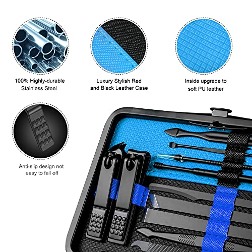 Professional Stainless Steel Nail Clipper Travel & Grooming Kit Nail Tools Manicure & Pedicure Set of 18pcs with Luxurious Case (Black/Blue) - color: Black/Blue