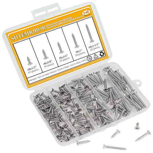 145 Pieces #8 x 1/2" 5/8" 3/4" 1" 1-1/4" Wood Screws Set, Phillips Countersunk Head #8 Self-Tapping Screws Assortment Kit, 304 Stainless Steel - size: #8, style: Phillips Countersunk Head