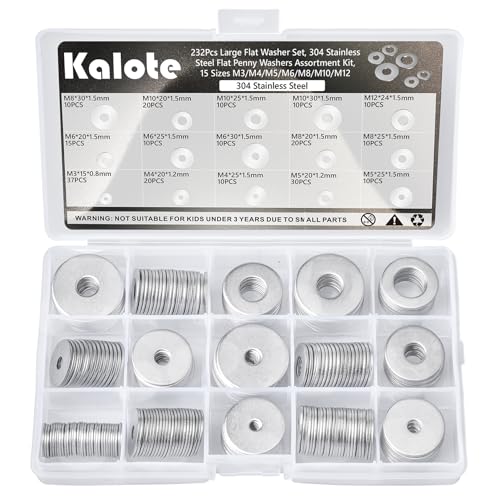 232Pcs 304 Stainless Steel Fender Flat Washers Kit, 15 Sizes M3-M12 - color: Silver