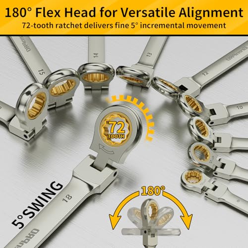 GRENPRO 23PC Flex Head Ratcheting Wrench Set Metric&SAE OpenEnd Combination - style: 23PCS Nickel Flex-Head Ratcheting Wrench Set
