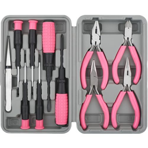 Hi-Spec 11pc Pink Womans Compact Crafts & Home DIY Repair Hand Tool Kit Set with Pliers, Cutters and Precision Screwdrivers for Ladies - size: 11pc