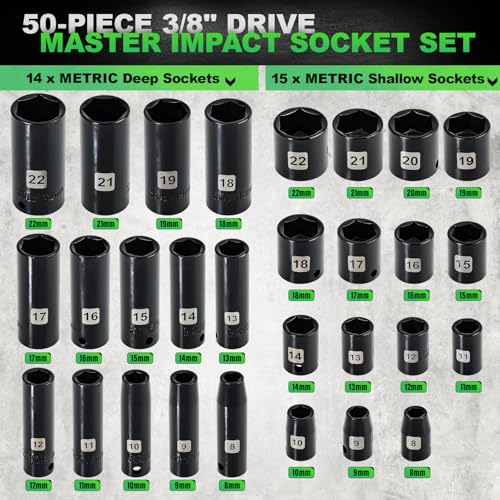 3/8" Impact Socket Set, 50PCS SAE 5/16-3/4" & Met 8-22mm