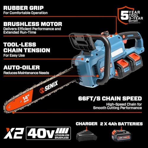 SENIX 40V 14" Electric Chainsaw, Cordless Battery Brushless,CSX2-M2 - size: 14"