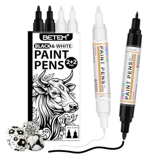 Betem 4 Oil Based Black White Paint Pens, Permanent Fabric Paint Markers - color: 2 Black & 2 White