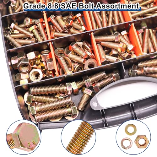 Taiss Grade 8.8 Bolts and Nuts Assortment Kit,1/4-20,5/16-18,3/8-16,1/2-13 Heavy Duty SAE Hex Bolts and Nuts & Flat/Lock Washer Kit,Carbon Steel Zinc Plated,with Handheld Box 618PCS - color: Gold-618PCS