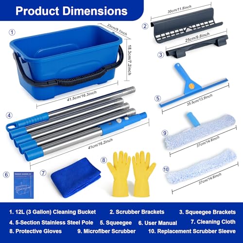 Professional Window Cleaning Kit, Window Washing Kit with 3 Gallon Bucket, 14-Inch Squeegee, 15-Inch Scrubber, 76-Inch Extendable Pole, Set of Window Cleaning Equipment for Home & Commercial Use - size: 76 inch