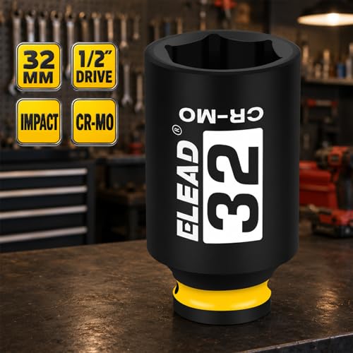 ELEAD 32 mm Socket 1/2" Drive Deep Impact Socket, Metric 6 Point 1/2-inch Drive Impact Axle Nut Sockets, CR-MO Nut Socket Set, Tools for Easy Removal of Axle Shaft Nuts - color: 32mm