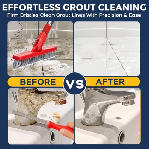Foxtrot Living Grout Brush with Long Handle and Crevice Cleaning Brush Set - color: Crimson