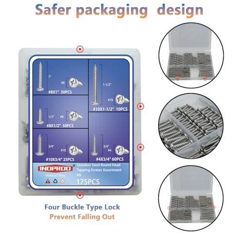 #4# 8#10 Stainless Steel Wood Screws Assortment Kit 175Pcs, Phillips Round Head, 18-8 (304) Stainless Steel, Assorted Sheet Metal Screws, Self Tapping, 4 Sizes (1/2", 3/4", 1", 1-1/2") - size: #4 #8 #10 Kit
