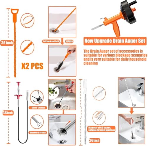 Drain Snake, Auto Feed Plumbing Snake with Drill Adaptor, 25 Feet Drain Auger Tool Set Included Drain Clog Remover, Hair Clog Remover ＆ Cleaning Brush for Kitchen, Bathroom and Shower Sink with Gloves