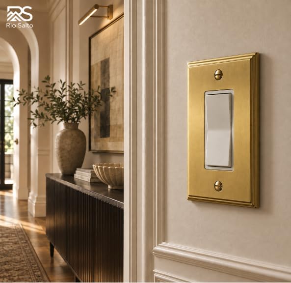 Rio Salto BRASS Gold Light Switch Cover Rocker Switch Plate Outlet Covers Brushed Gold 5 Pack Premium Wall Plate Cover — Deco Collection, Standard 4.50" x 2.75" - color: Rocker / Outlet 1-Gang (5-Pack)