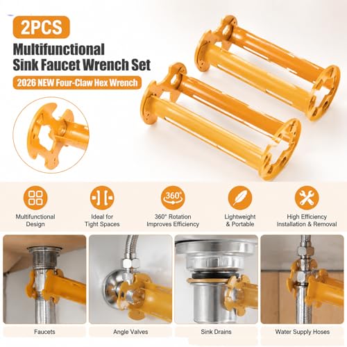 2PCS Multifunctional Sink Faucet Wrench Set,11-in-1 Basin Tool for Tight Spaces, 4-Jaw Hex Plumbing Installer for Home Maintenance, Practical Tools for Men (Yellow) - color: Yellow