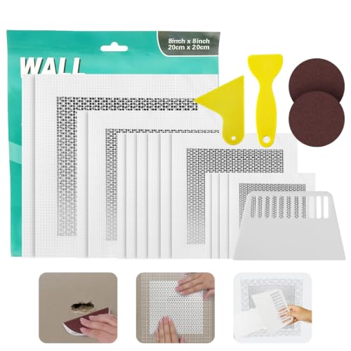 19 PCS Wall Repair Patch Kit, Aluminum Drywall Repair Patch Kit for Small/Large Holes, 2/4/6/8 Inch Self-Adhesive Metal Wall Patches with Scraper Sandpapers Gloves, Quick Fix Plaster