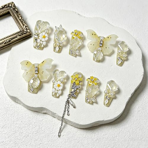 3D Press on Nails Almond - Long Square Fake Nails with Embossed Flower&Butterfly Designs, Glossy Finish Reusable False Nails for Women Manicure(3D Embossed design 22） - color: 3D Embossed design 22