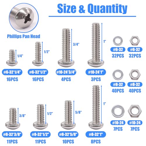 Nuts and Bolts Assortment Kit, 304 Stainless Steel Bolts 8 Sizes #6-32#8-32#10-24 Phillips Pan Head Machine Screws, Assorted Bolts, Nuts and Washers Kit (237PCS) - size: 236PCS