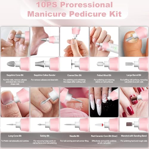 Electric Nail File Drill 2000 mAh Cordless Rechargeable Nail Filer LED Lamp - color: Pink