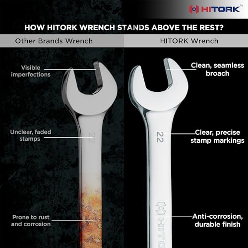 Hitork 11 Piece Combination Wrench Set with Roll Pouch, SAE Sizes (1/4" - 7/8"), Drop Forged Cr-V Steel, Chrome Plated Mirror Finish, 12 Point Box End, 15° Offset, Exceeds ANSI Standards