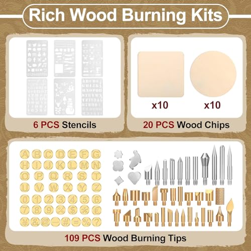 Lothee 136 Pcs Wood Burning Kit for Adults Beginners, Adjustable Temperature Pyrography Pen Set with Alphabet Number Tips, Stencils & Wood Chips, DIY Wooden Burner Tool for Embossing Carving