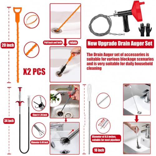 Drain Snake Auger, 33 FT Plumbing Snake Drain Hair Clog Removal Tool, Heavy Duty Snake Auger, Sink Unclogger Drain Cleaner Tool for Bathroom Kitchen Tub Shower Drain Clog Remover with Gloves, Red