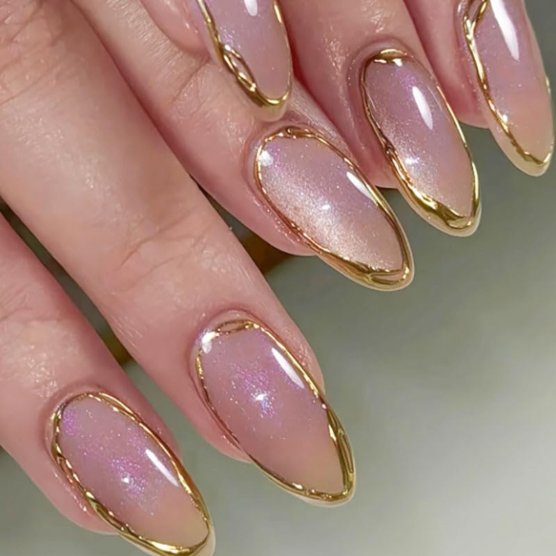 3D Gold Line French Tips Press On Nails Medium Almond, Gold French Tip Cat Eye Press-On Nails, Designer Reusable Acrylic Fake Nail With Glue On Nails, Nails Press Ons False Nails For Women - color: YC-323, size: 24 Pieces (Pack of 1)