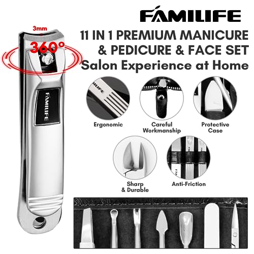 FAMILIFE Stainless Steel Manicure Set 11-in-1 Professional Nail Clipper Kit - color: Black
