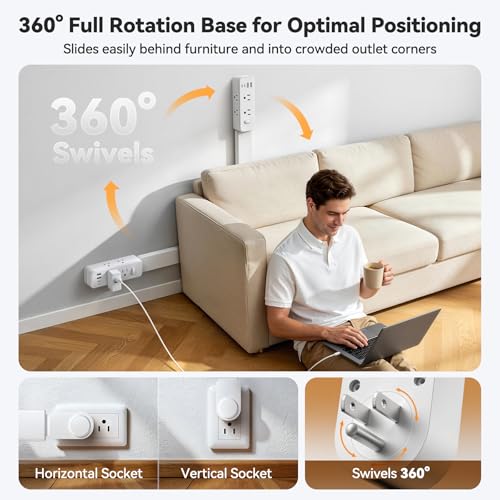 Outlet Extender Stick, 360° Rotating Wall Outlet Expander with 22-35" Extendable Base, 10-in-1 Power Strip Stick with 6 AC Outlets, 4 USB Ports (2 USB-C), Flat Plug for Behind Couch, Home, Office