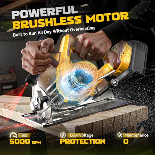 Ecarke 7-1/4" Cordless Circular Saw, Compatible with DeWalt 20V Battery, 5000 RPM Electric Circular Saw with Laser Guide, 2 Blades (24T & 40T), 0–45° Bevel, 2-1/4" Cutting Depth (Tool Only) - color: Yellow