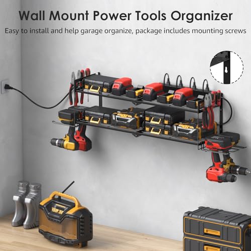 CCCEI Large Garage Tools Storage with Charging Station. Power Tool Battery Organizer Utility Shelf with Power Strip. 4 Drills Holder Wall Mount Rack. - size: Large, style: 2 Layer