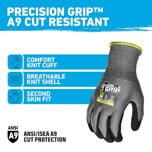 Gorilla Grip A9 Cut Resistant Work Gloves, Nitrile Coated - Small (27240-212B) - color: Grey A9, size: Small