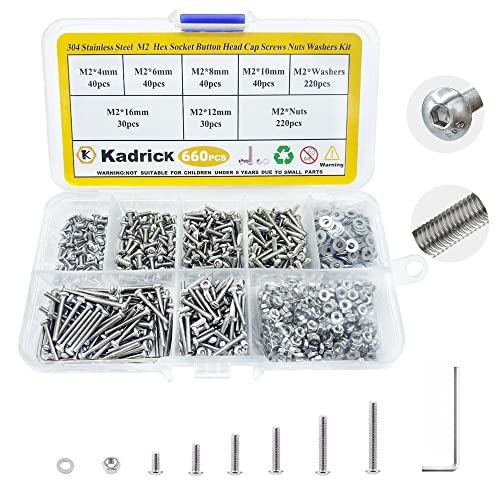 Kadrick 304 Stainless Steel Screws,660 Pcs M2 Screw Assortment,Button Head Socket Cap Screws Kit,M2x4mm,6mm,8mm,10mm,12mm,16mm Metric Bolts Nuts Washers Kit with 1 Hex Allen Wrench - size: SS M2 660Pcs 4-16mm
