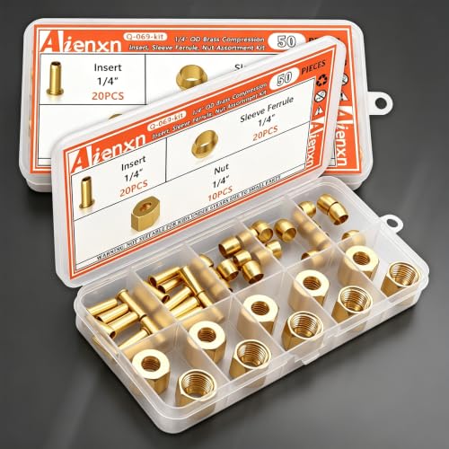 50PCS 1/4" Brass Compression Fittings Assortment kit, Insert, Sleeve Ferrule, Nut for Connecting air, Fuel, Water, Oil and inert Gases Lines - size: 1/4" (50PCS), style: Compression Fittings