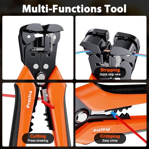 Preciva Automatic Wire Stripper 3-in-1Self-Adjusting Crimping Tool with Length Stopper for 0.2-6mm² (AWG 24-10) Solid/Stranded Wire, Internal Spring, Ergonomic TPR Handle for Electrical DIY - color: Orange