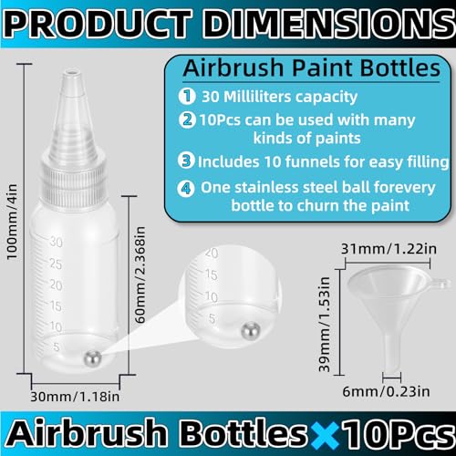 10 Pack Paint Bottle, Airbrush Paint Bottles & Accessories - 30ml Refillable Squeeze Bottles with Mixing Ball & Funnel, Storage Containers for Acrylic Paint & Various Liquids