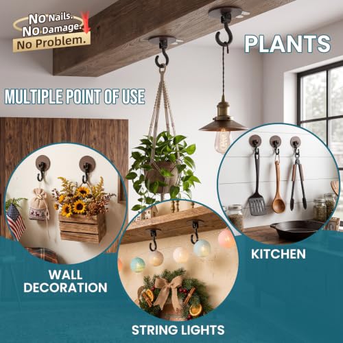 TAILI Adhesive Ceiling Hooks for Hanging Plants, No-Drill 4 Pack Wood Grain - color: Wood Grain, size: 4x Large