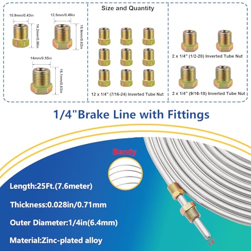 smseace 55Pack 3/16 Inch+1/4 Inch Brake line kit include 25 FT Zinc-plated brake lines with fitting(32pcs Fittings,4pcs Union+8pcs Nut) brake line bender,Single flare tool,cutter Brake line kit - color: Silver-A, size: 3/16inch+1/4inch