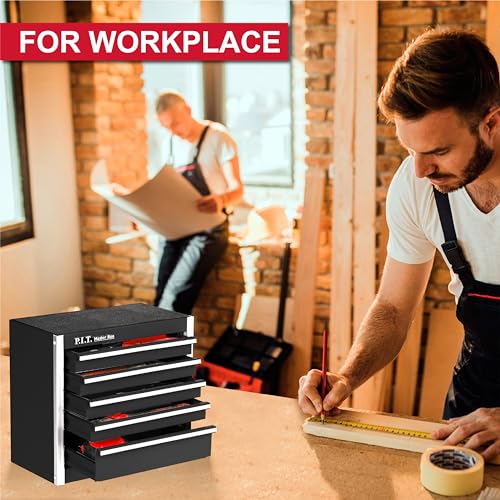 P.I.T. Mini Tool Box,Small Metal Toolbox Organizer with 5 Drawers,Black | 8.6"W X 4.6"D Cute Size,Q235 Steel,Magnetic Locking Mechanism,PVC Drawer Liners - color: Black, size: 5-Drawer