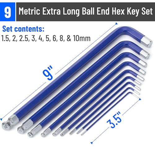 Bates- Long Allen Wrenches Set, 9 Pack, 3.5" to 9" Length, Blue, Metric Hex Key Set (1.5mm to 10mm), Long Allen Wrench Set with Exrta Long Arm and Ball End for Precision, Mechanics, DIY, Home Repairs