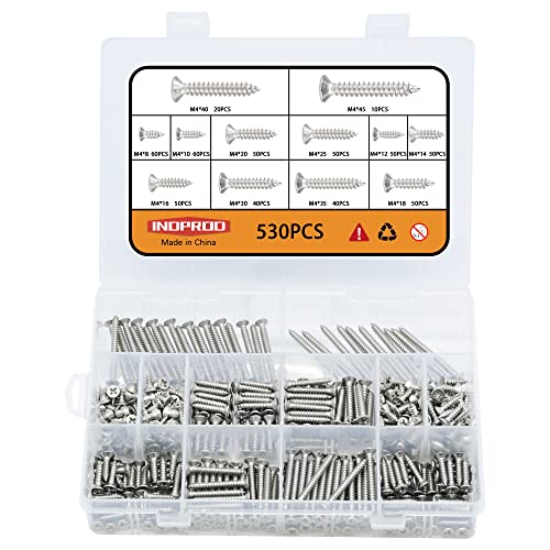 M4 Wood Screws Assortment Fasteners Kit 530Pcs,304 Stainless Steel Self-Tapping Screws,Phillips Drive Sheet Metal Screws Set,Countersunk Flat Head Assorted Screws,Self Tapping Screws for Metal - size: M4, style: Flat Head (Stainless Steel)