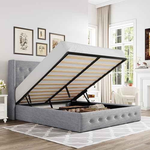 Allewie Full Size Lift Up Storage Button-Tufted Bed Frame Light Grey - color: Light Grey, size: Full, style: Traditional