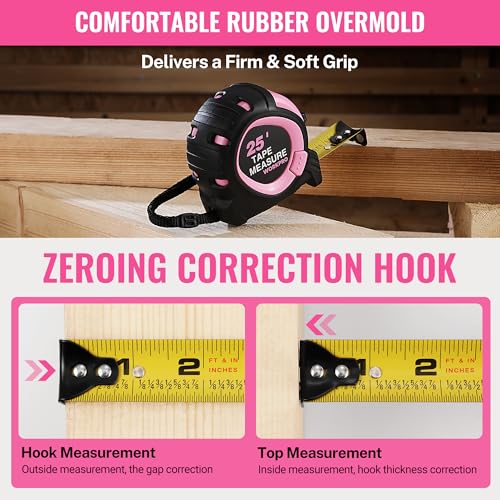 WORKPRO 25-FT Tape Measure with Fractions, 3 Brakes Retractable Measuring Tape, Compact Measurement Tape with Magnetic Hook, Nylon Coating Blade Accuracy 1/32”, Pink - size: 25-FT