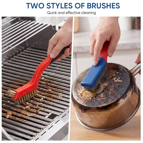 5PCS Wire Brush Set – 2 Heavy-Duty Steel Brushes with Rubber Handle & 3 Brass/Nylon/Stainless Steel Bristle Brushes for Rust, Paint & Grill Cleaning
