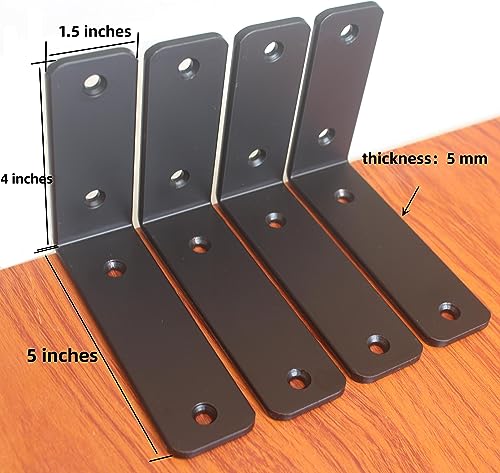 4 Pack - L 5" x H 4" x W1.5, 5mm Thick Black L Shelf Bracket, Iron Shelf Brackets, Metal Shelf Brackets, Floating Shelf, Shelf Supports with Screws - size: 5''x4'', style: Black 4 Pack