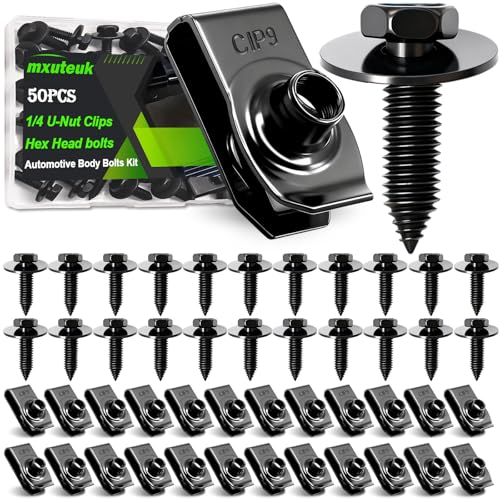 mxuteuk 50PCS 1/4 U-Nut Clips & Hex Head Automotive Body Fender Bolts Kit,for Most Cars Fender,Engine Undertray Cover, Engine Cover & Bumper Fender Liner - color: Black-1/4Inch