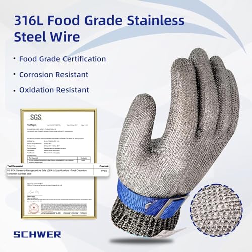 Schwer 10 Pcs SlicePro ANSI A9 Cut Resistant Glove PR1706, Stainless Steel Mesh Metal Glove, Food Grade for Kitchen Cooking, Butcher Meat Cutting, Oyster Shucking, Mandoline, Non-PFAS, S - size: Small (Pack of 10), style: 1.0 Steel Wire